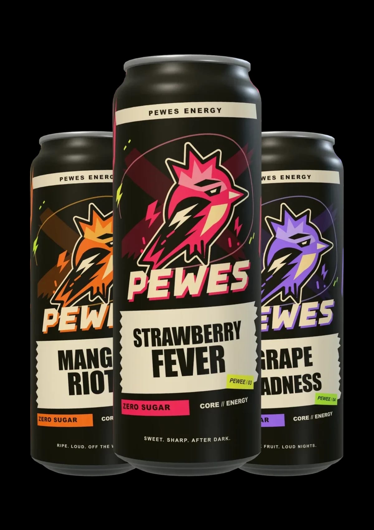 Three PEWES ENERGY cans standing together